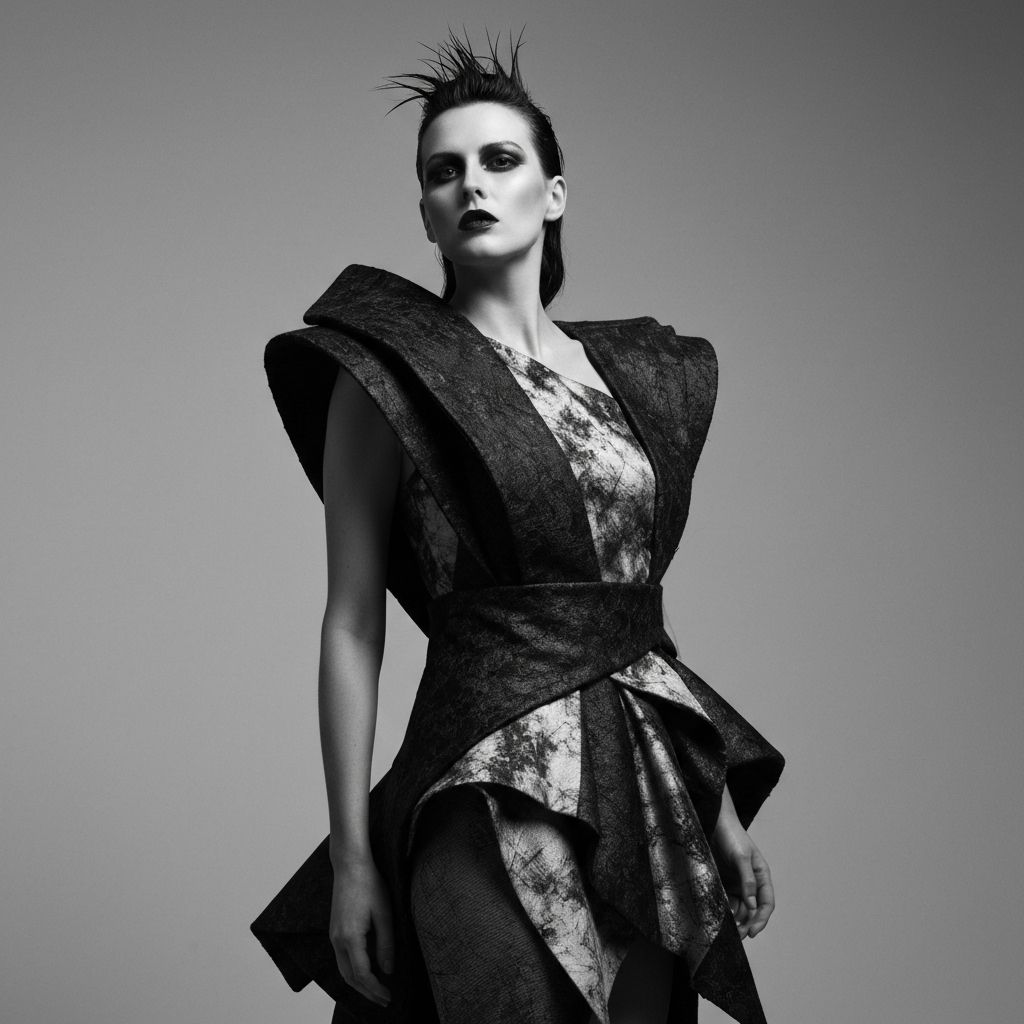 High fashion editorial portrait with dramatic rim lighting, avant-garde styling, moody atmosphere