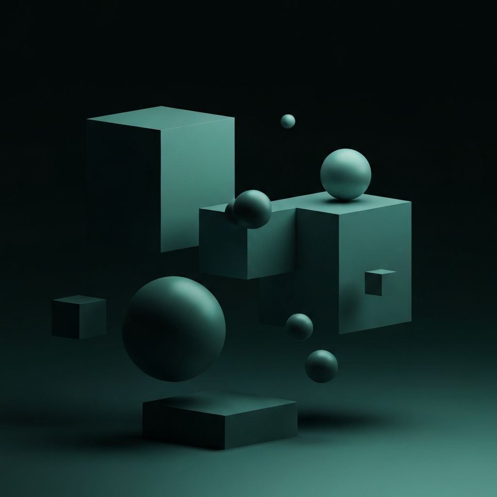 Geometric abstract composition with 3D shapes, floating cubes and spheres, minimalist modern digital art