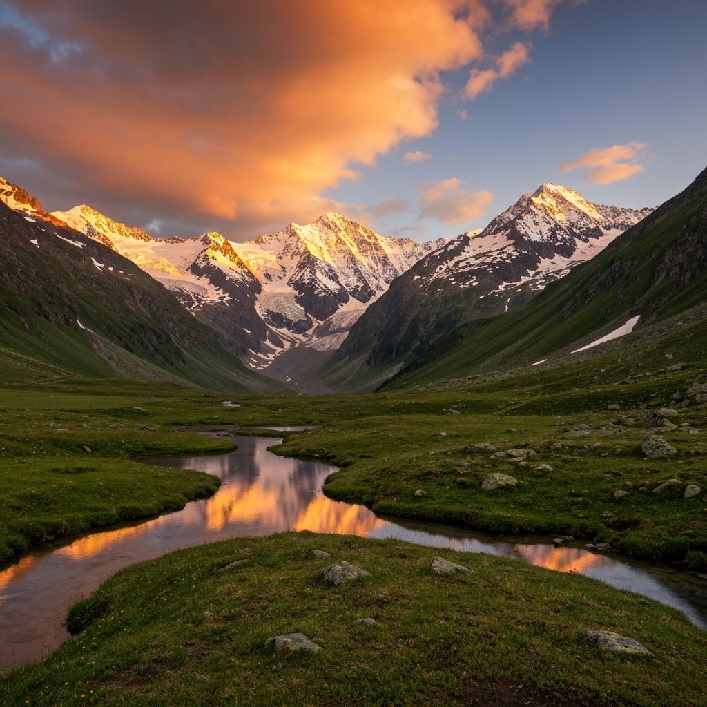 Majestic snow-capped mountain landscape at golden hour sunset, dramatic clouds, alpine scenery
