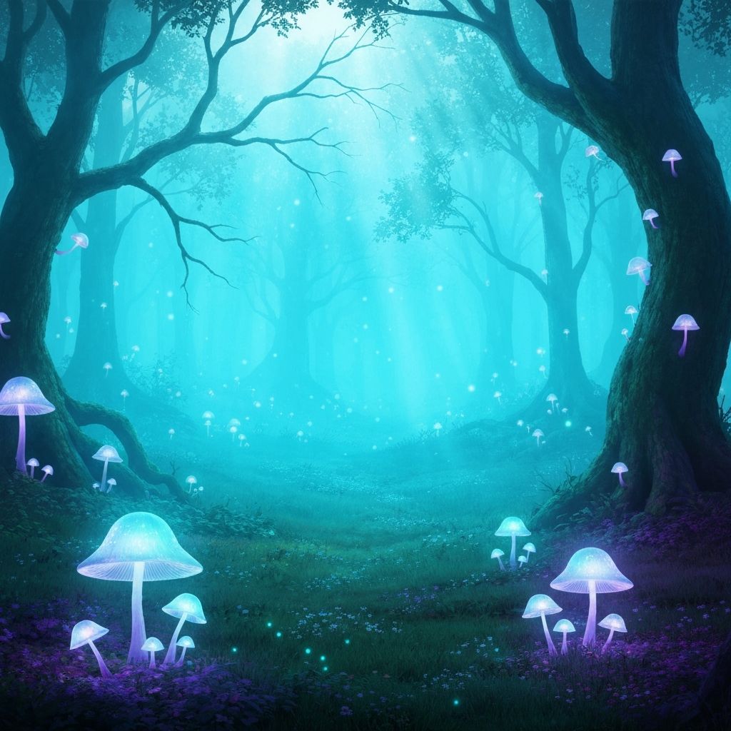 Mystical enchanted forest with bioluminescent glowing mushrooms, magical atmosphere, ethereal light rays
